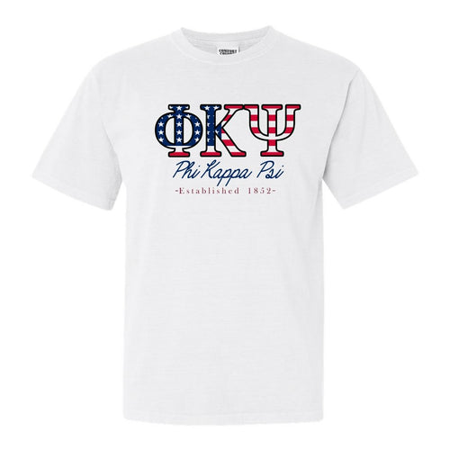 Phi Kappa Psi Comfort Colors T-Shirt - Phi Psi American Flag Letters Shirt - Kite and Crest