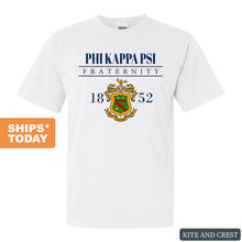 Load image into Gallery viewer, Phi Kappa Psi Comfort Colors T-Shirt - Phi Psi Large Crest Shirt - Kite and Crest
