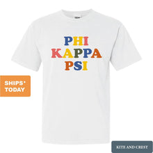 Load image into Gallery viewer, Phi Kappa Psi Comfort Colors T-Shirt - Phi Psi Retro Letters Shirt - Kite and Crest
