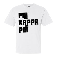 Load image into Gallery viewer, Phi Kappa Psi Comfort Colors T-Shirt - Phi Psi Stacked Letters Shirt - Kite and Crest
