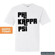 Load image into Gallery viewer, Phi Kappa Psi Comfort Colors T-Shirt - Phi Psi Stacked Letters Shirt - Kite and Crest
