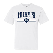 Load image into Gallery viewer, Phi Kappa Psi Comfort Colors T-Shirt - Phi Psi Striped Shield Shirt - Kite and Crest
