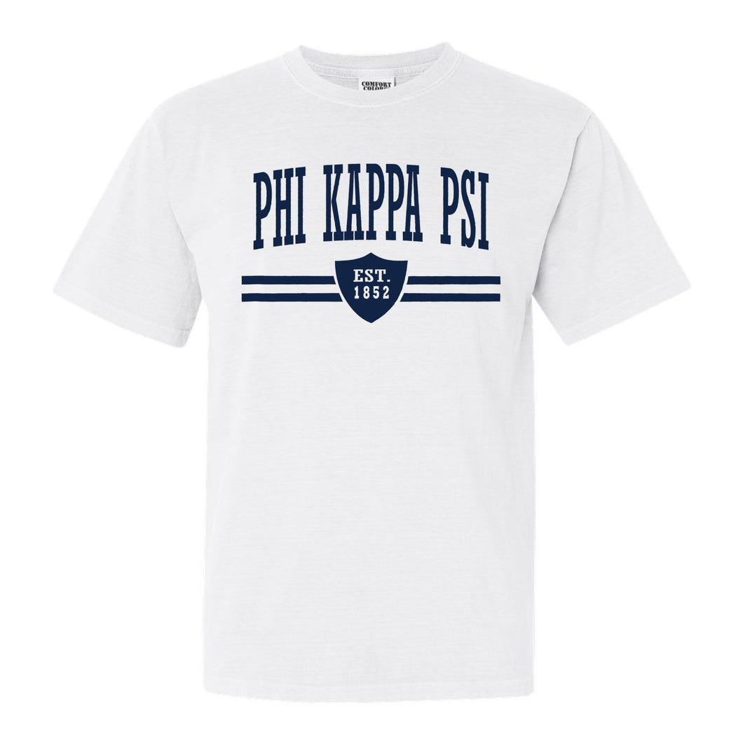 Phi Kappa Psi Comfort Colors T-Shirt - Phi Psi Striped Shield Shirt - Kite and Crest