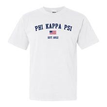 Load image into Gallery viewer, Phi Kappa Psi Comfort Colors T-Shirt - Phi Psi USA Flag Shirt - Kite and Crest
