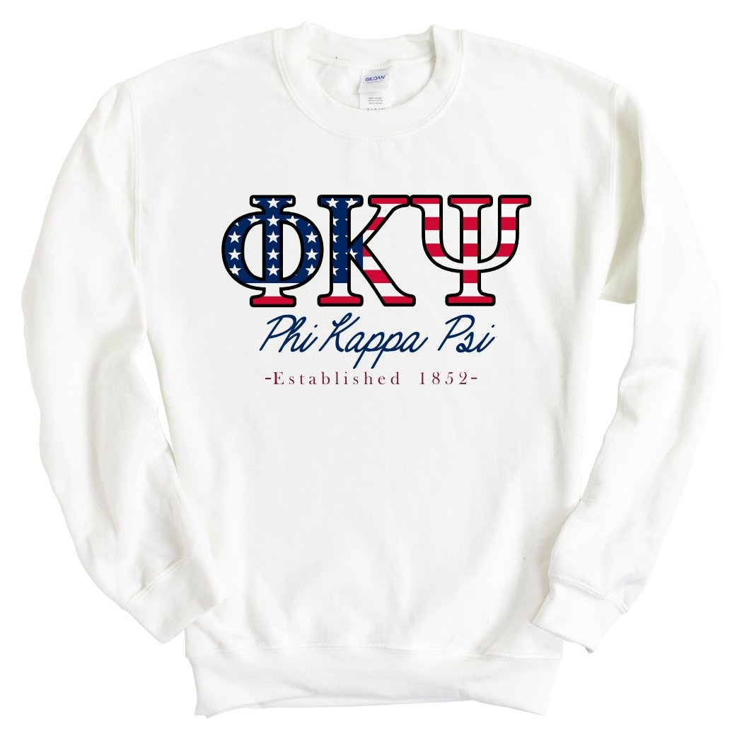 Phi Kappa Psi Sweatshirt - Phi Psi American Flag Letters Crewneck Sweatshirt - Kite and Crest