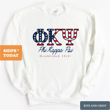 Load image into Gallery viewer, Phi Kappa Psi Sweatshirt - Phi Psi American Flag Letters Crewneck Sweatshirt - Kite and Crest
