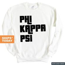 Load image into Gallery viewer, Phi Kappa Psi Sweatshirt - Phi Psi Stacked Letters Crewneck Sweatshirt - Kite and Crest
