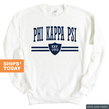 Load image into Gallery viewer, Phi Kappa Psi Sweatshirt - Phi Psi Striped Shield Crewneck Sweatshirt - Kite and Crest
