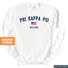 Load image into Gallery viewer, Phi Kappa Psi Sweatshirt - Phi Psi USA Flag Crewneck Sweatshirt - Kite and Crest
