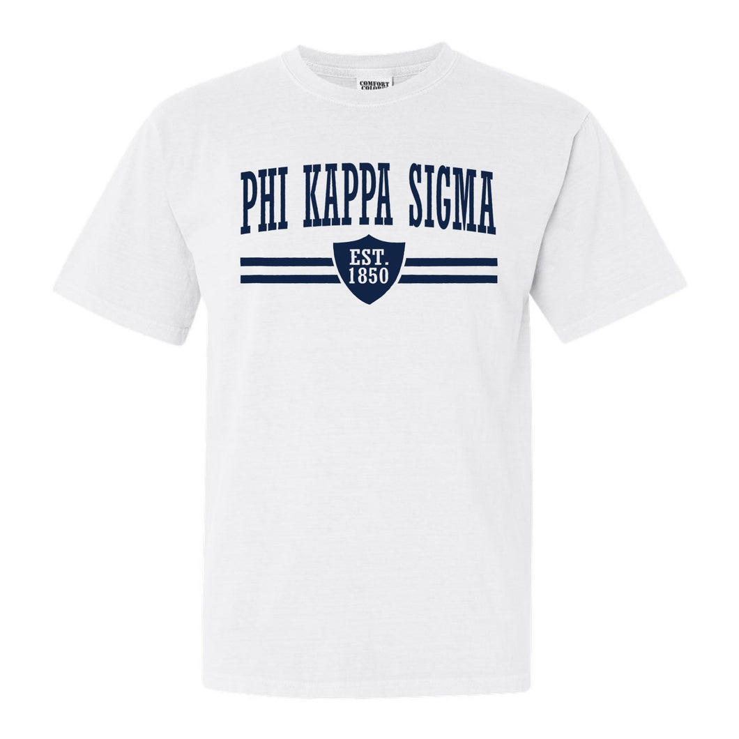 Phi Kappa Sigma Striped Shield Comfort Colors T-Shirt - Fraternity Tee - Kite and Crest