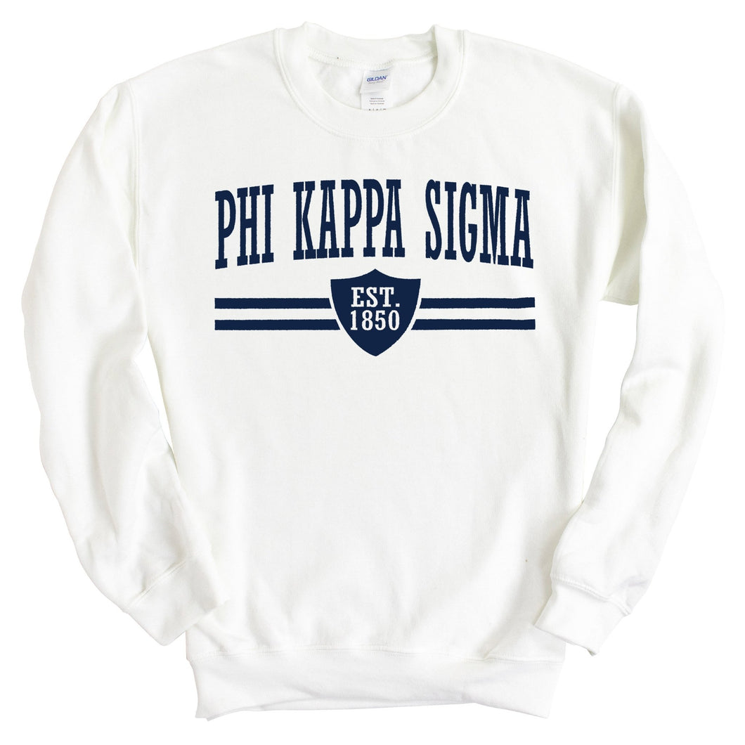 Phi Kappa Sigma Striped Shield Sweatshirt - Fraternity Crewneck Sweatshirt - Kite and Crest