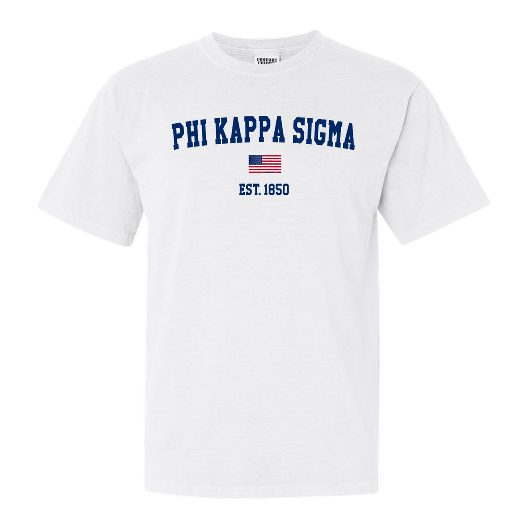 Phi Kappa Sigma USA Flag Comfort Colors T-Shirt - Fraternity Tee - Kite and Crest
