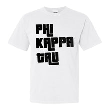 Load image into Gallery viewer, Phi Kappa Tau Comfort Colors T-Shirt - Phi Tau Stacked Letters Shirt - Kite and Crest
