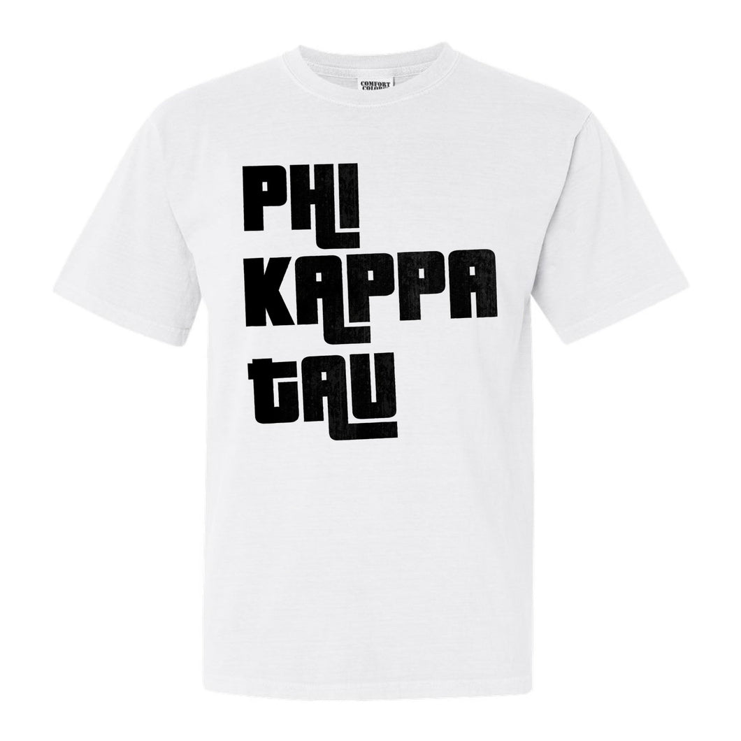 Phi Kappa Tau Comfort Colors T-Shirt - Phi Tau Stacked Letters Shirt - Kite and Crest
