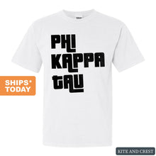 Load image into Gallery viewer, Phi Kappa Tau Comfort Colors T-Shirt - Phi Tau Stacked Letters Shirt - Kite and Crest
