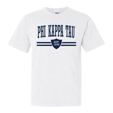 Load image into Gallery viewer, Phi Kappa Tau Comfort Colors T-Shirt - Phi Tau Striped Shield Shirt - Kite and Crest
