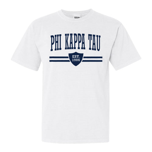 Phi Kappa Tau Comfort Colors T-Shirt - Phi Tau Striped Shield Shirt - Kite and Crest