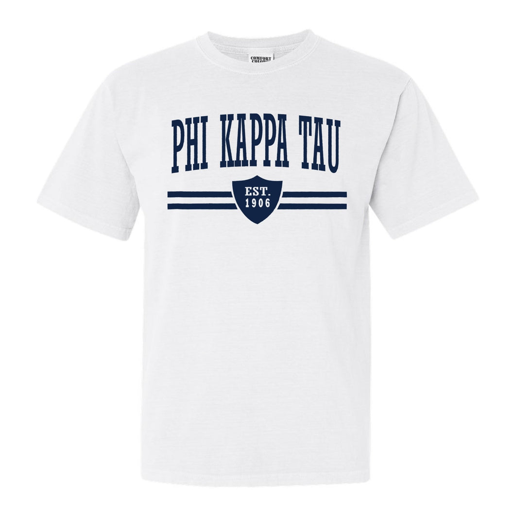 Phi Kappa Tau Comfort Colors T-Shirt - Phi Tau Striped Shield Shirt - Kite and Crest