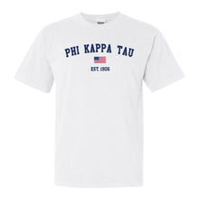 Load image into Gallery viewer, Phi Kappa Tau Comfort Colors T-Shirt - Phi Tau USA Flag Shirt - Kite and Crest
