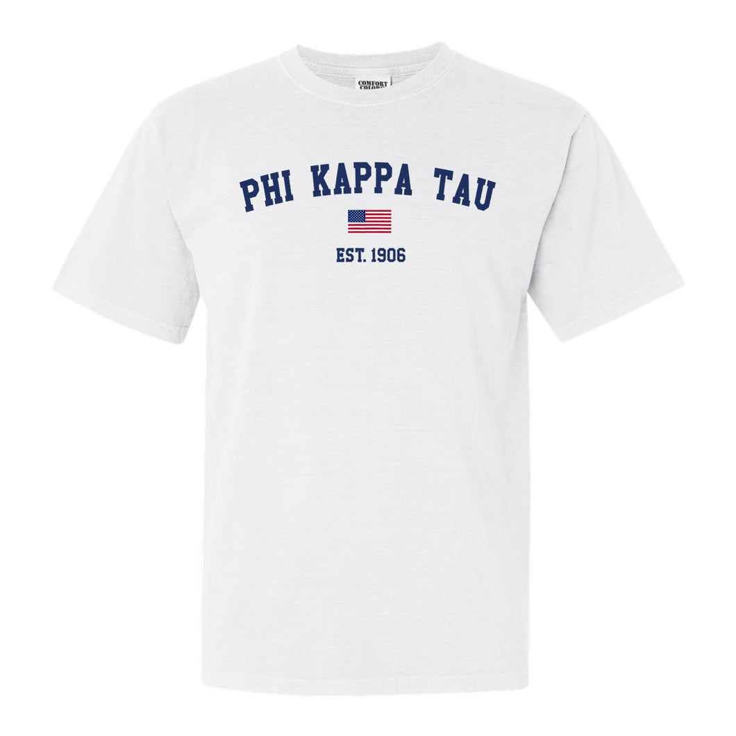 Phi Kappa Tau Comfort Colors T-Shirt - Phi Tau USA Flag Shirt - Kite and Crest