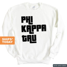 Load image into Gallery viewer, Phi Kappa Tau Sweatshirt - Phi Tau Stacked Letters Crewneck Sweatshirt - Kite and Crest
