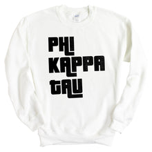 Load image into Gallery viewer, Phi Kappa Tau Sweatshirt - Phi Tau Stacked Letters Crewneck Sweatshirt - Kite and Crest
