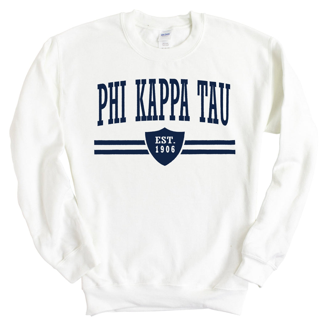 Phi Kappa Tau Sweatshirt - Phi Tau Striped Shield Crewneck Sweatshirt - Kite and Crest