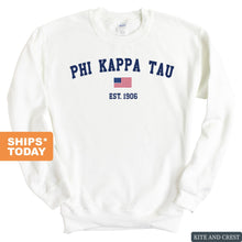 Load image into Gallery viewer, Phi Kappa Tau Sweatshirt - Phi Tau USA Flag Crewneck Sweatshirt - Kite and Crest
