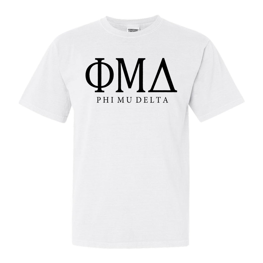 Phi Mu Delta Block Letter Comfort Colors T-Shirt - Fraternity Tee - Kite and Crest