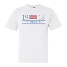 Load image into Gallery viewer, Phi Mu Delta Flag Year Comfort Colors T-Shirt - Fraternity Tee - Kite and Crest
