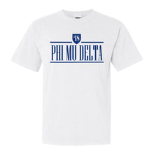 Load image into Gallery viewer, Phi Mu Delta Shield Comfort Colors T-Shirt - Fraternity Tee - Kite and Crest
