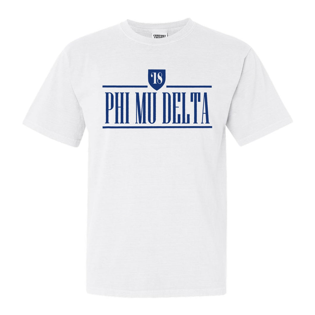 Phi Mu Delta Shield Comfort Colors T-Shirt - Fraternity Tee - Kite and Crest