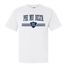 Load image into Gallery viewer, Phi Mu Delta Striped Shield Comfort Colors T-Shirt - Fraternity Tee - Kite and Crest
