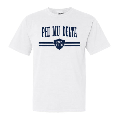 Phi Mu Delta Striped Shield Comfort Colors T-Shirt - Fraternity Tee - Kite and Crest