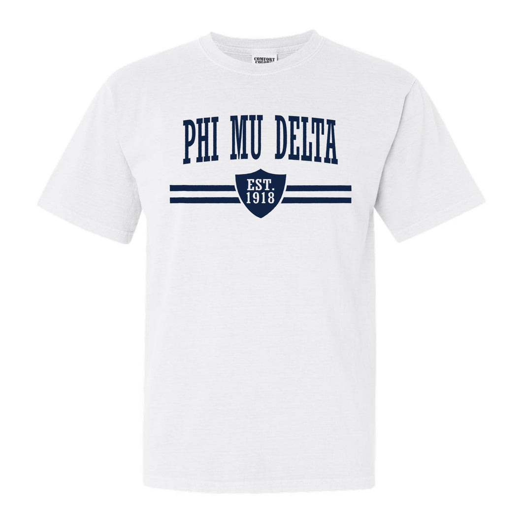 Phi Mu Delta Striped Shield Comfort Colors T-Shirt - Fraternity Tee - Kite and Crest