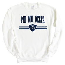 Load image into Gallery viewer, Phi Mu Delta Striped Shield Sweatshirt - Fraternity Crewneck Sweatshirt - Kite and Crest
