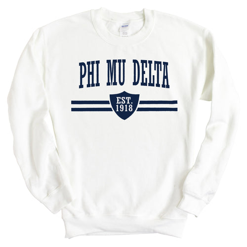 Phi Mu Delta Striped Shield Sweatshirt - Fraternity Crewneck Sweatshirt - Kite and Crest