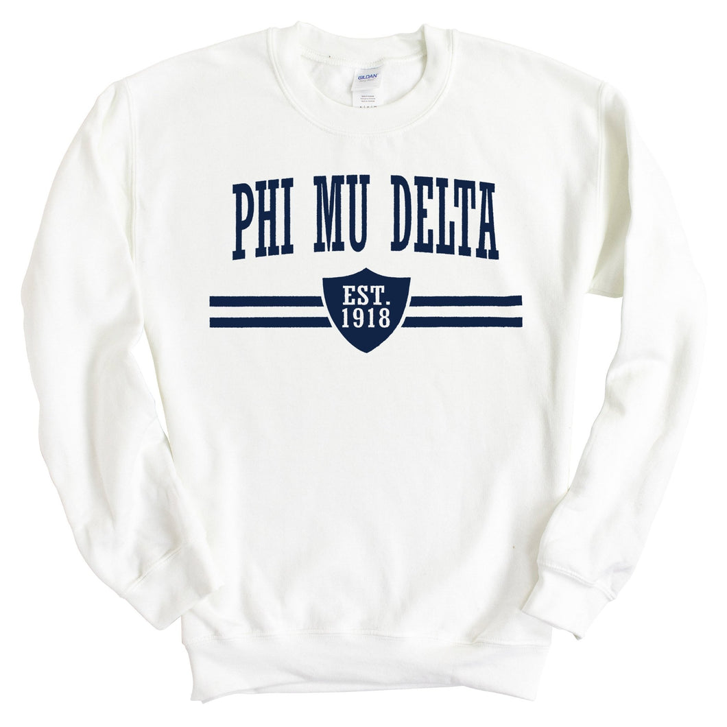 Phi Mu Delta Striped Shield Sweatshirt - Fraternity Crewneck Sweatshirt - Kite and Crest