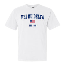 Load image into Gallery viewer, Phi Mu Delta USA Flag Comfort Colors T-Shirt - Fraternity Tee - Kite and Crest

