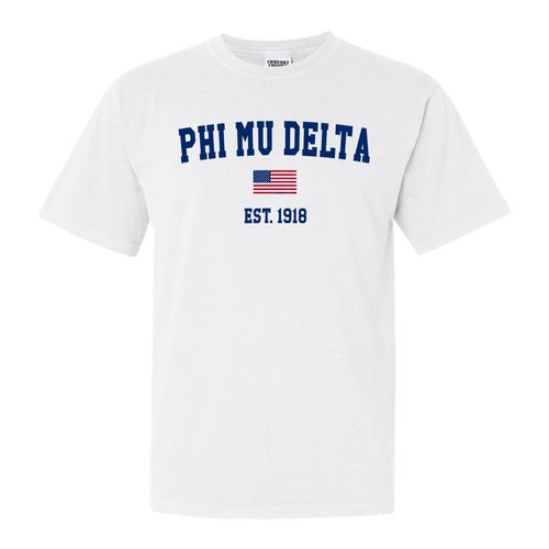 Phi Mu Delta USA Flag Comfort Colors T-Shirt - Fraternity Tee - Kite and Crest