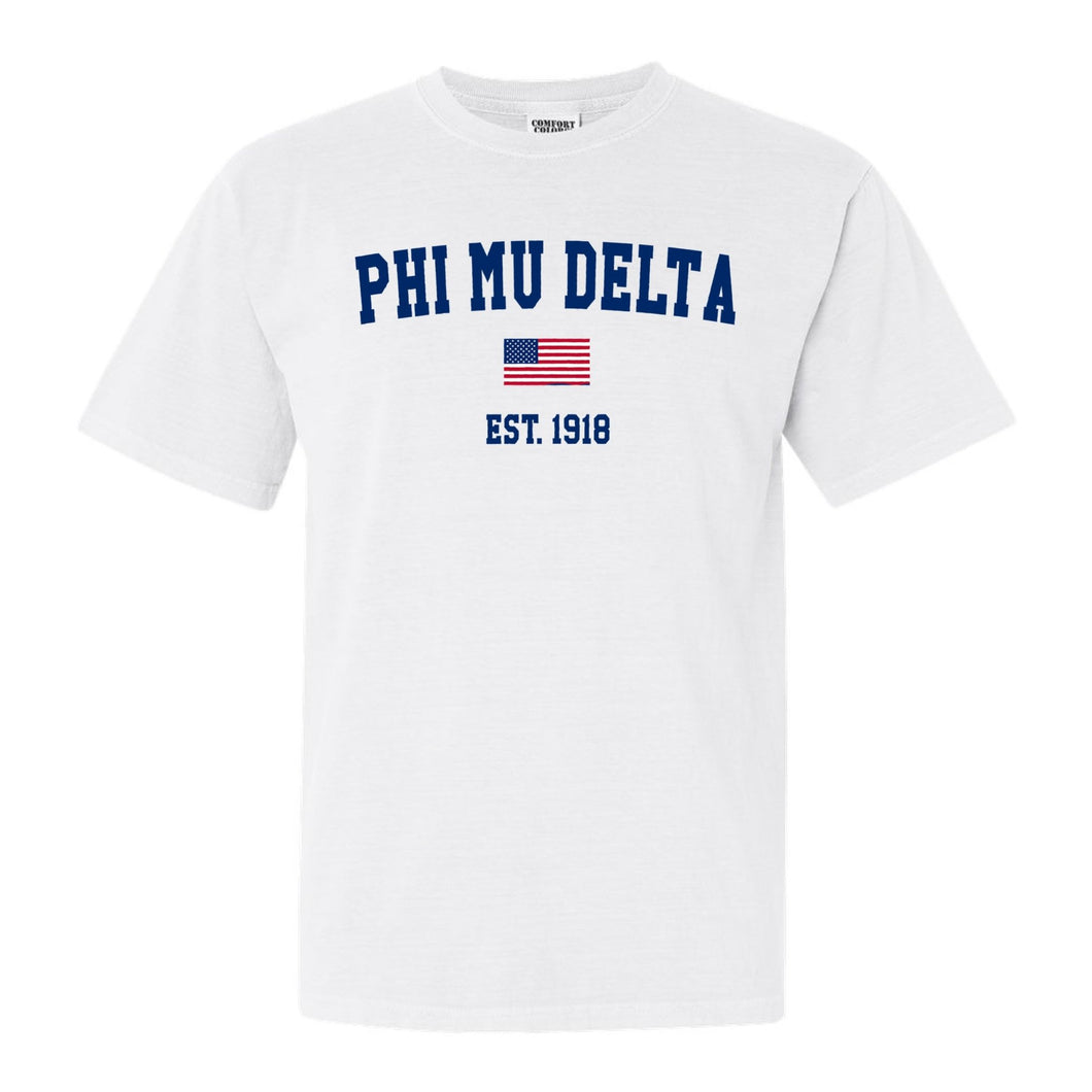 Phi Mu Delta USA Flag Comfort Colors T-Shirt - Fraternity Tee - Kite and Crest