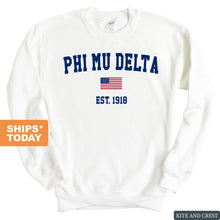 Load image into Gallery viewer, Phi Mu Delta USA Flag Sweatshirt - Fraternity Crewneck Sweatshirt - Kite and Crest
