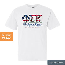 Load image into Gallery viewer, Phi Sigma Kappa Comfort Colors T-Shirt - Phi Sig American Flag Letters Shirt - Kite and Crest
