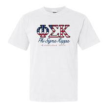Load image into Gallery viewer, Phi Sigma Kappa Comfort Colors T-Shirt - Phi Sig American Flag Letters Shirt - Kite and Crest
