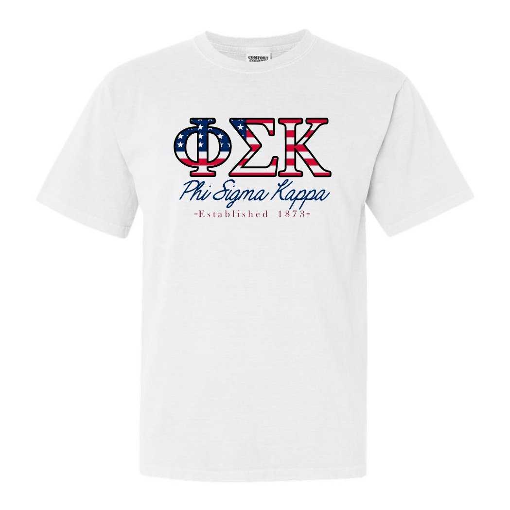 Phi Sigma Kappa Comfort Colors T-Shirt - Phi Sig American Flag Letters Shirt - Kite and Crest