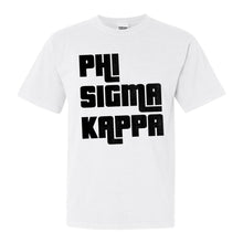 Load image into Gallery viewer, Phi Sigma Kappa Comfort Colors T-Shirt - Phi Sig Stacked Letters Shirt - Kite and Crest

