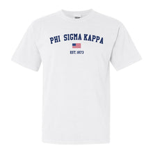 Load image into Gallery viewer, Phi Sigma Kappa Comfort Colors T-Shirt - Phi Sig USA Flag Shirt - Kite and Crest
