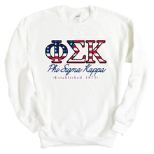 Load image into Gallery viewer, Phi Sigma Kappa Sweatshirt - Phi Sig American Flag Letters Crewneck Sweatshirt - Kite and Crest
