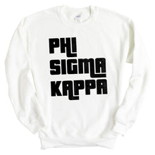 Load image into Gallery viewer, Phi Sigma Kappa Sweatshirt - Phi Sig Stacked Letters Crewneck Sweatshirt - Kite and Crest
