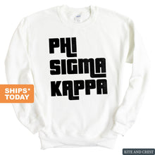 Load image into Gallery viewer, Phi Sigma Kappa Sweatshirt - Phi Sig Stacked Letters Crewneck Sweatshirt - Kite and Crest
